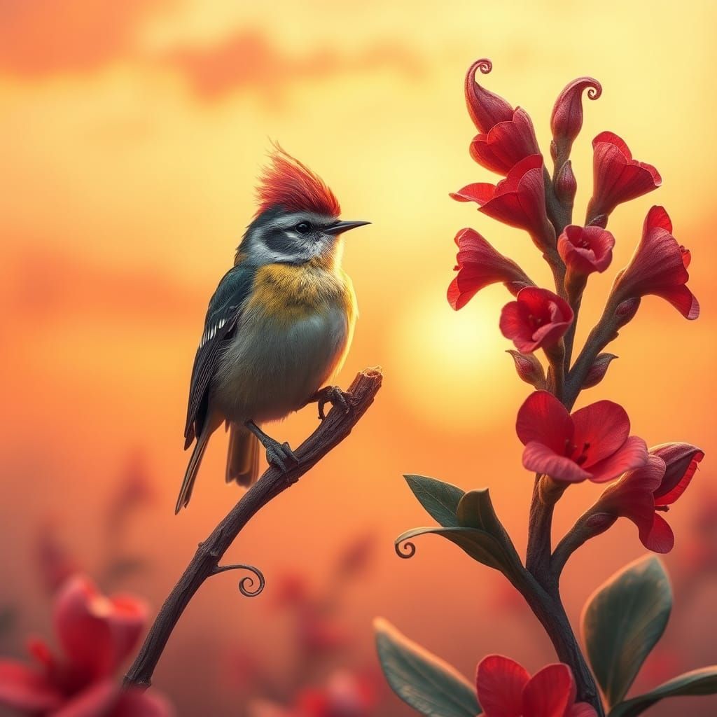 Ruby Crowned Kinglet on a matching color plant tip.
