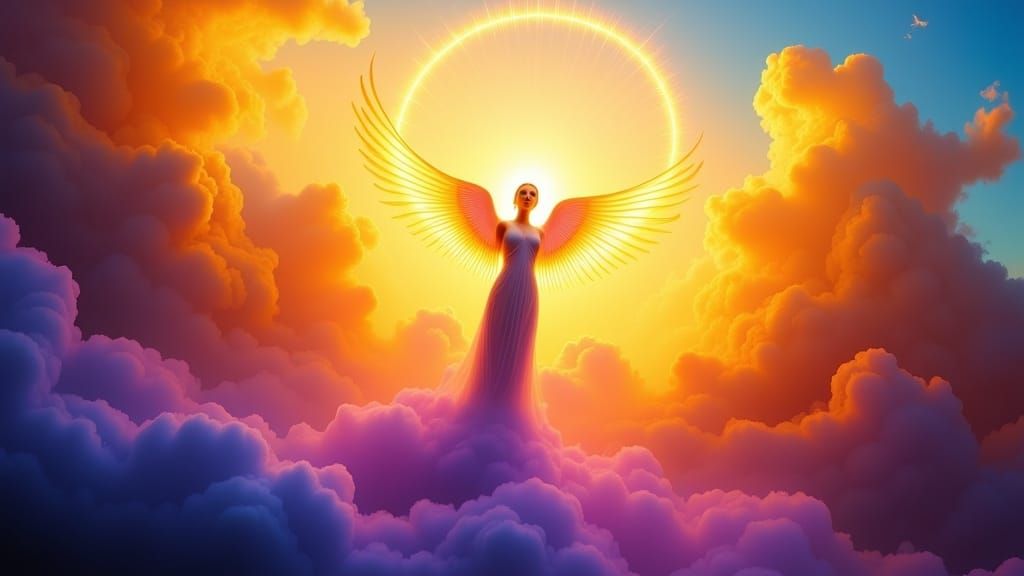 <lora:Rough Neon:1.0>Surrealism. Close-up. A figure bathed in divine light, amidst swirling clouds and eerie mist. Low-angle shot. Dreamlik...