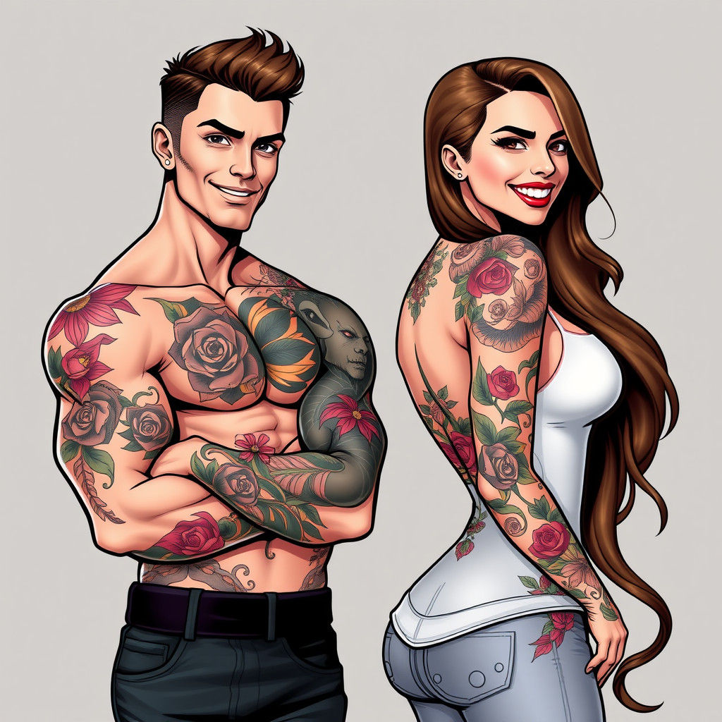 Beautiful male with tattoos and short brown hair with his be...