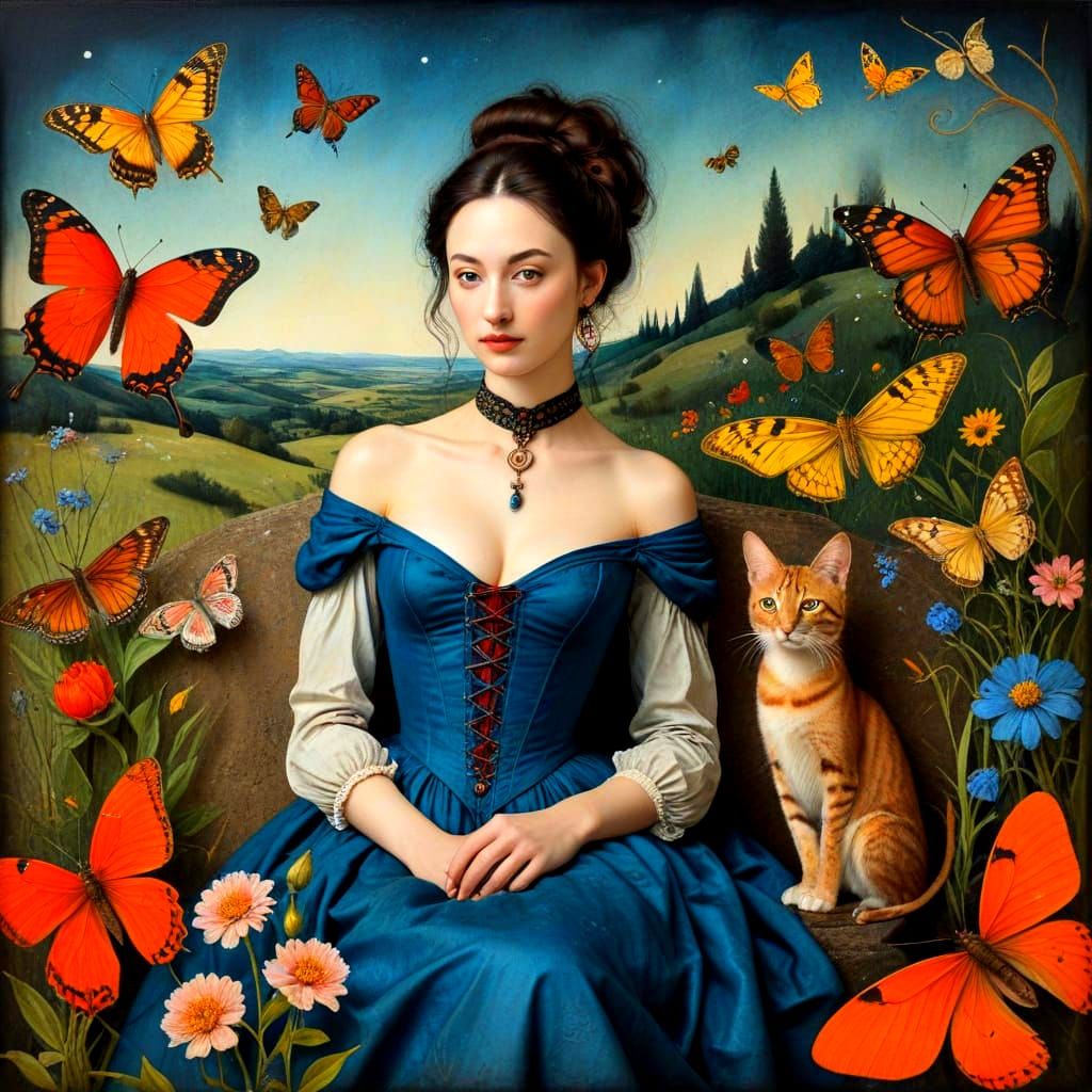 Enchanted Lady Among Whimsical Creatures in Vibrant Landscap...