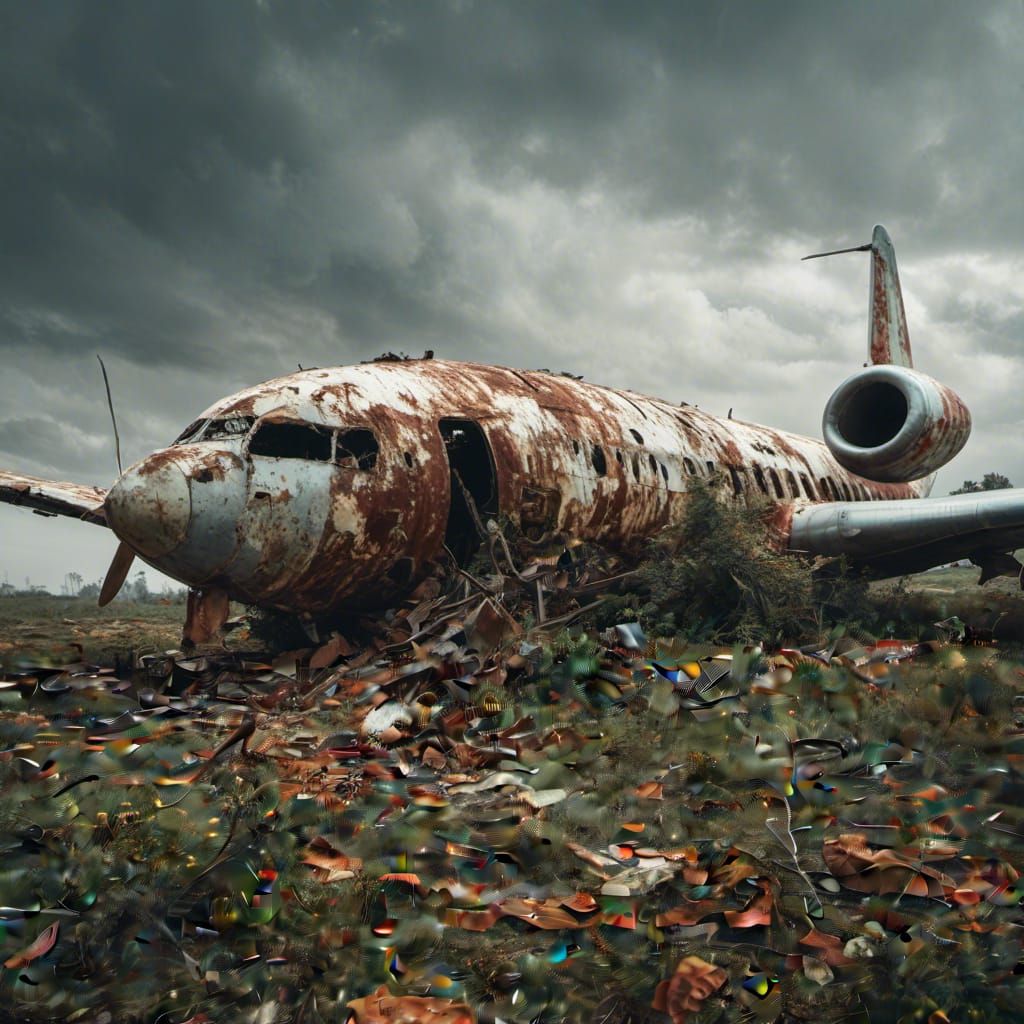  <lora:MJ6 Decay:1.0> wrecked plane , realistic photography by Elsa Bleda