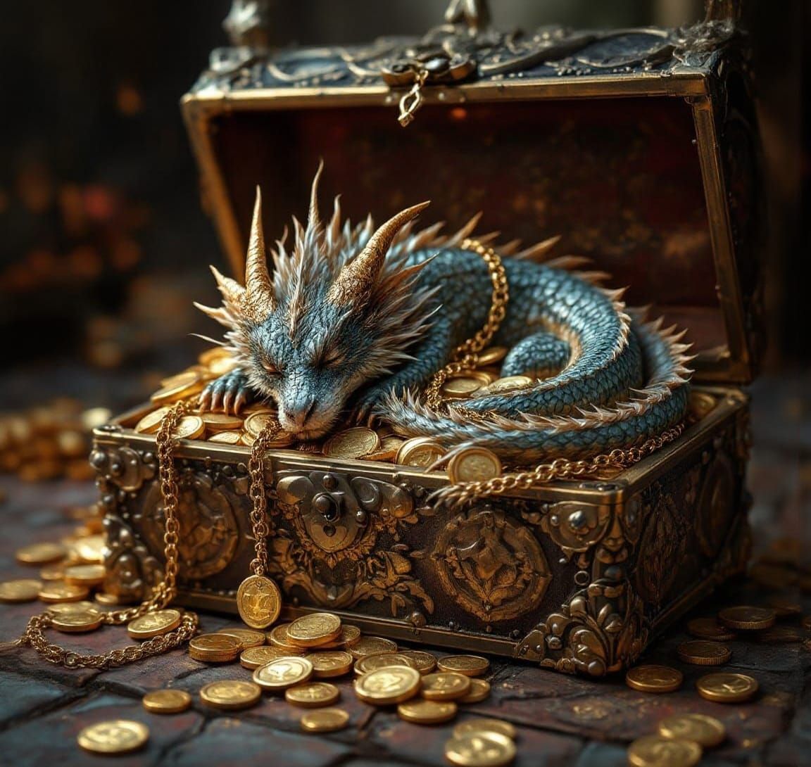 A dragon sleeping on a treasurechest full of gold coins necklace, with a gold chain pendant sitting on ...  by @AutumnBear
