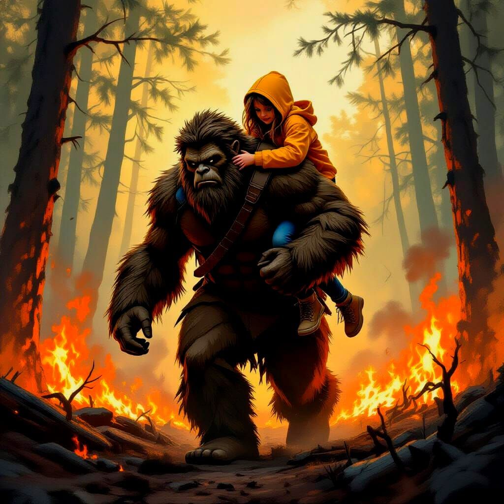 Bigfoot, rescues a child from a burning forest, carrying her on his back  by @SethRichards