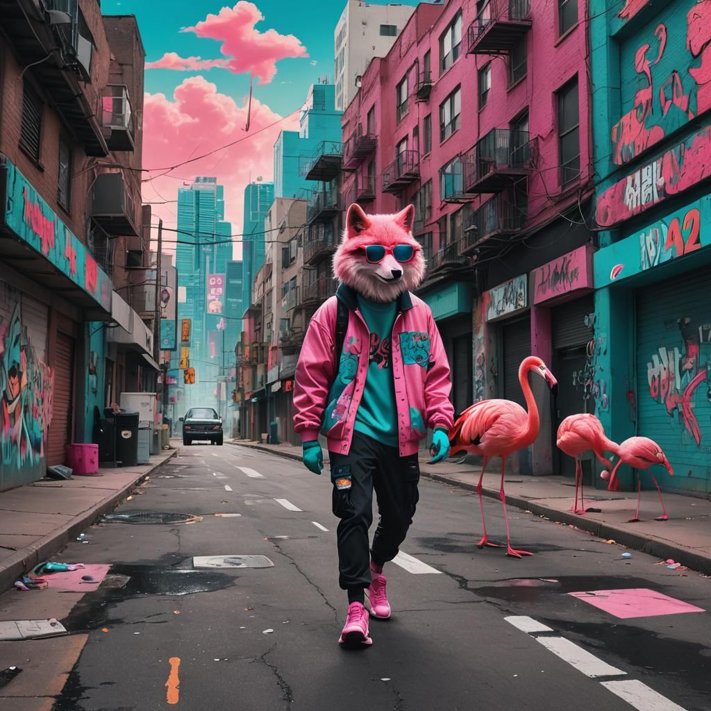 Wolf like Flamingo are walking down a gritty yet colorful ur...