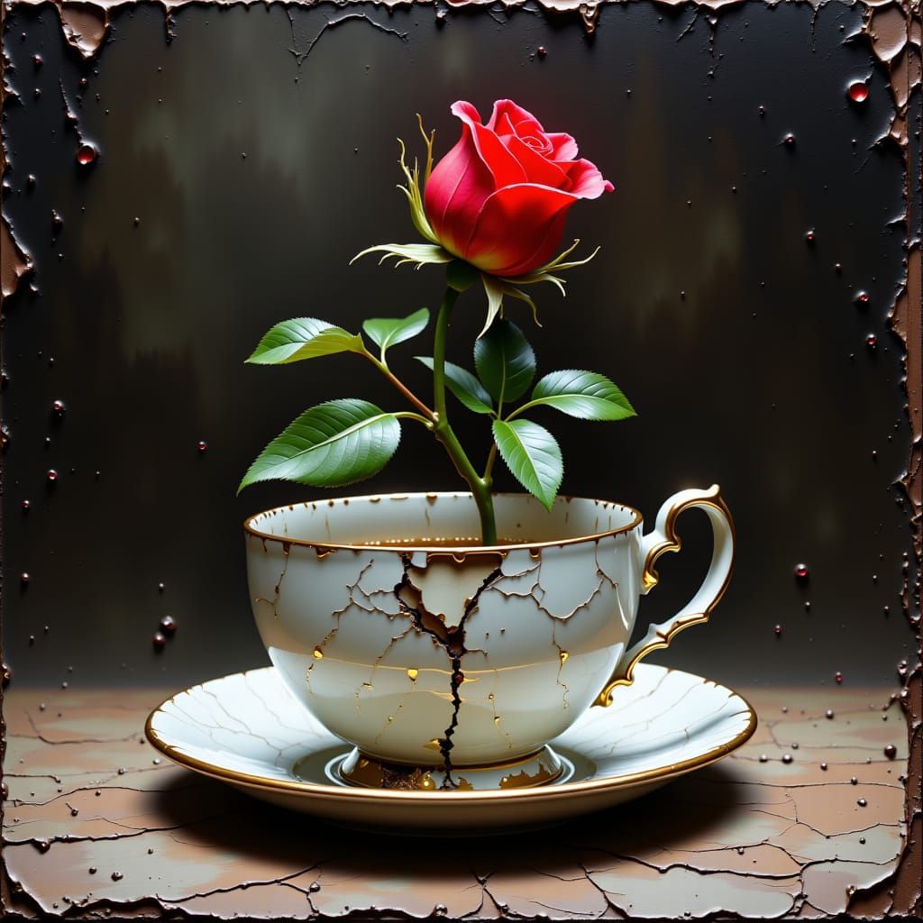 Oil painting. Close-up. A small rose sprouts from a crack in a discarded teacup. The rose is delicate and red, contrasting with the cracked,...