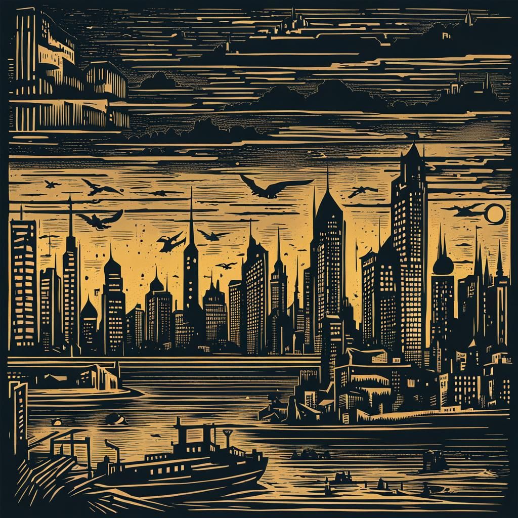 wartorn dystopian city made in linocut style