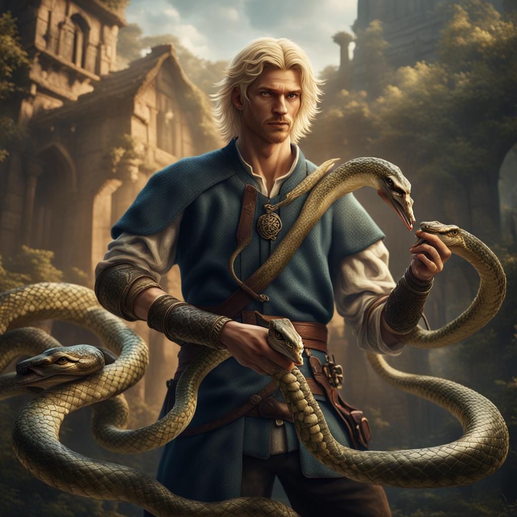 Medieval Blond Man Holding a Snake, Detailed Fantasy Art