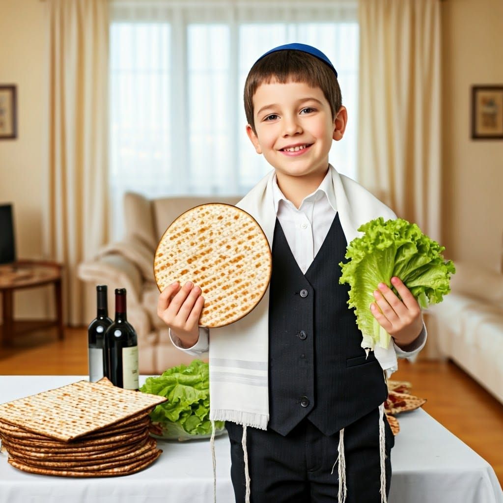Joyful Jewish Boy Celebrates Passover with Matzah and Wine
