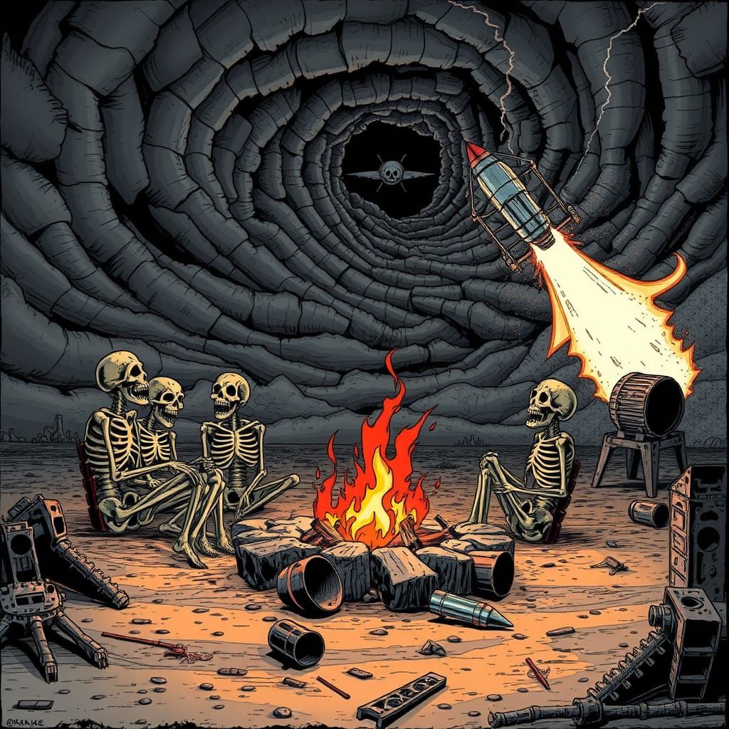 Skeletons' Campfire Party During Apocalypse, Comic Book Styl...