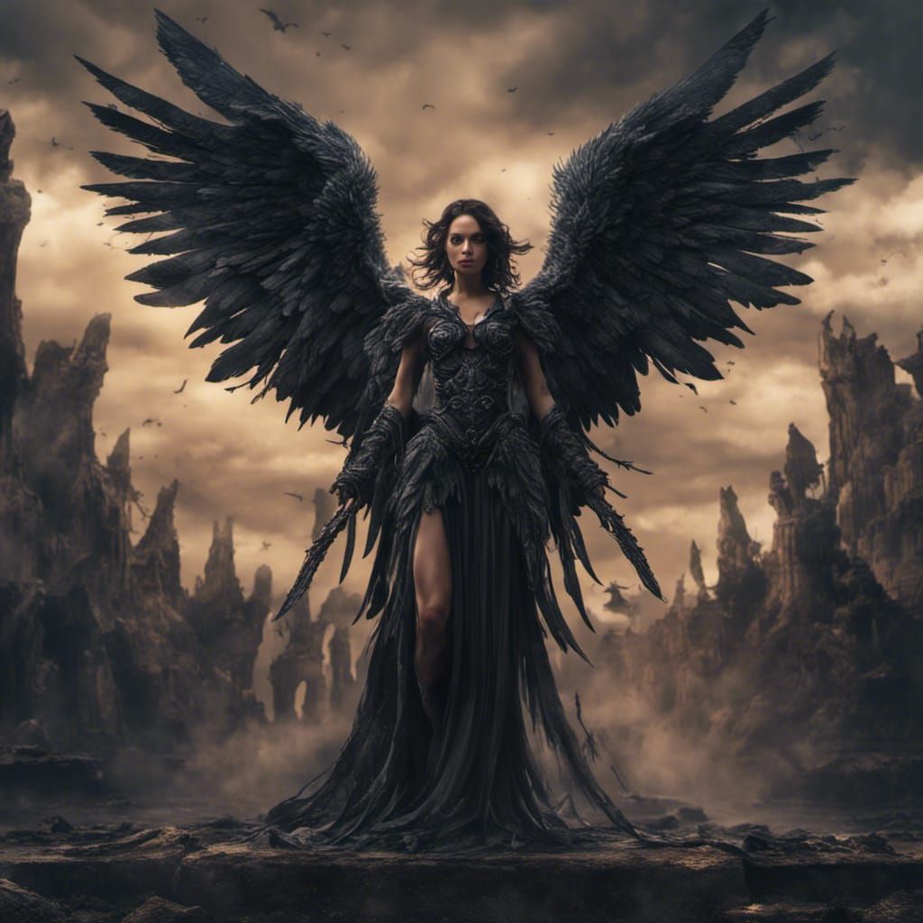 Dark angel with black wings facing front, 64k resolution, a masterpiece ...