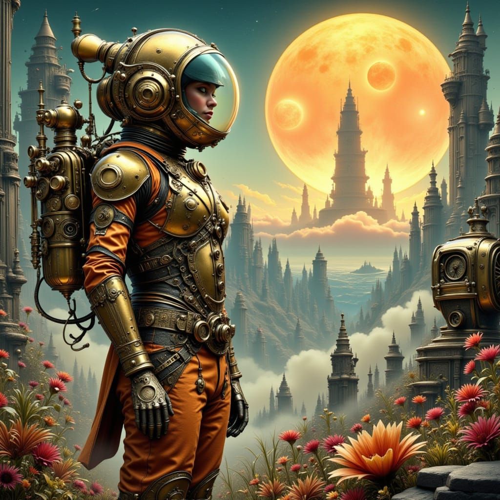 <lora:1st choice:1.0> imagine a brave explorer standing on a distant moon with twin suns in the sky, ...  by @Brian