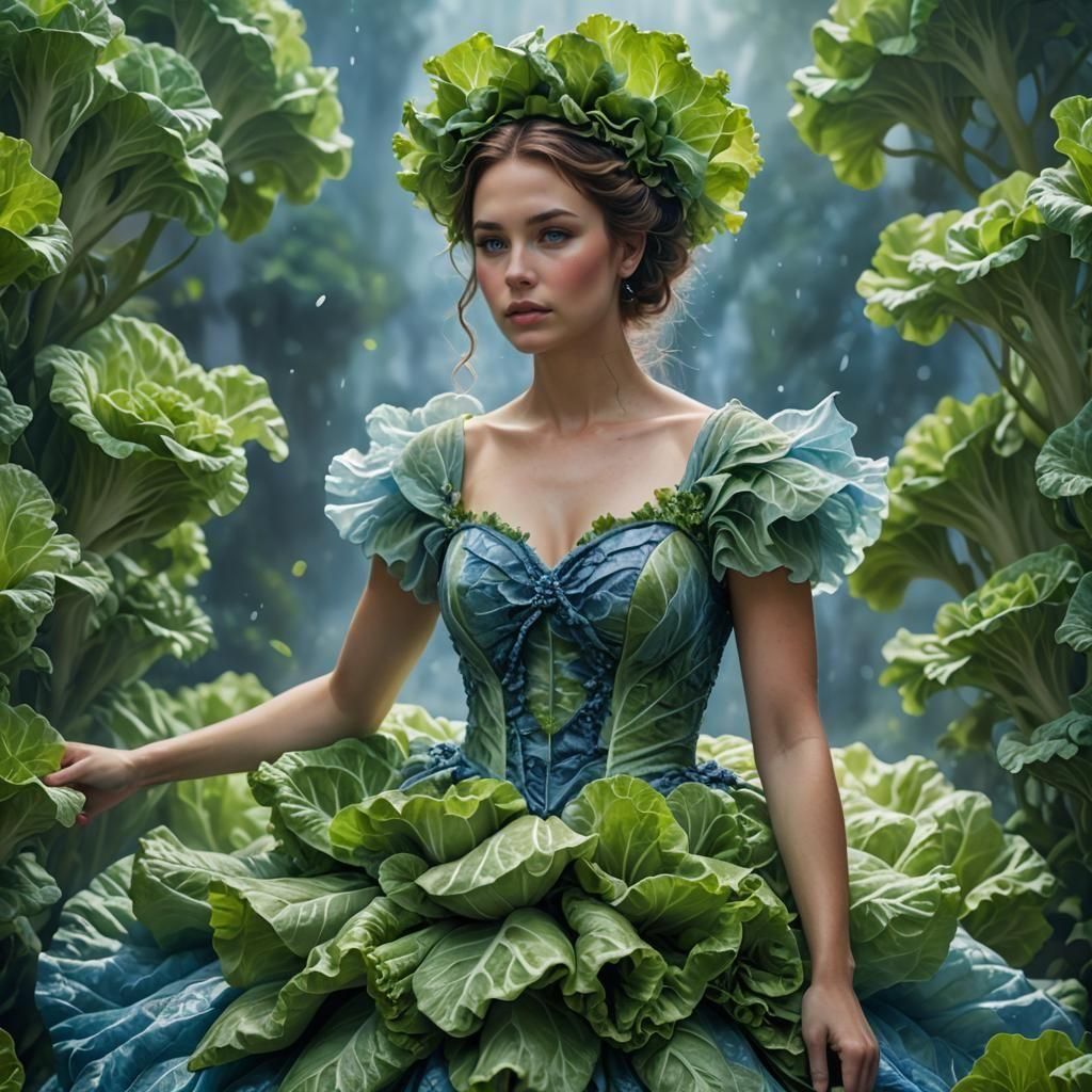 A stunning young woman wearing a dress made of lettuce. The dress is shining and blue Professional ...  by @PirtaLi
