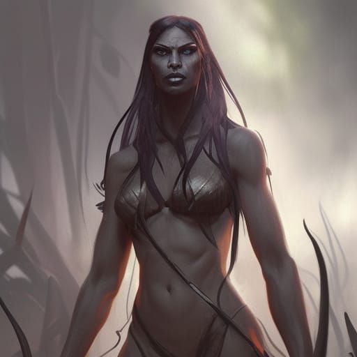 female dark elf in prehistoric jungle