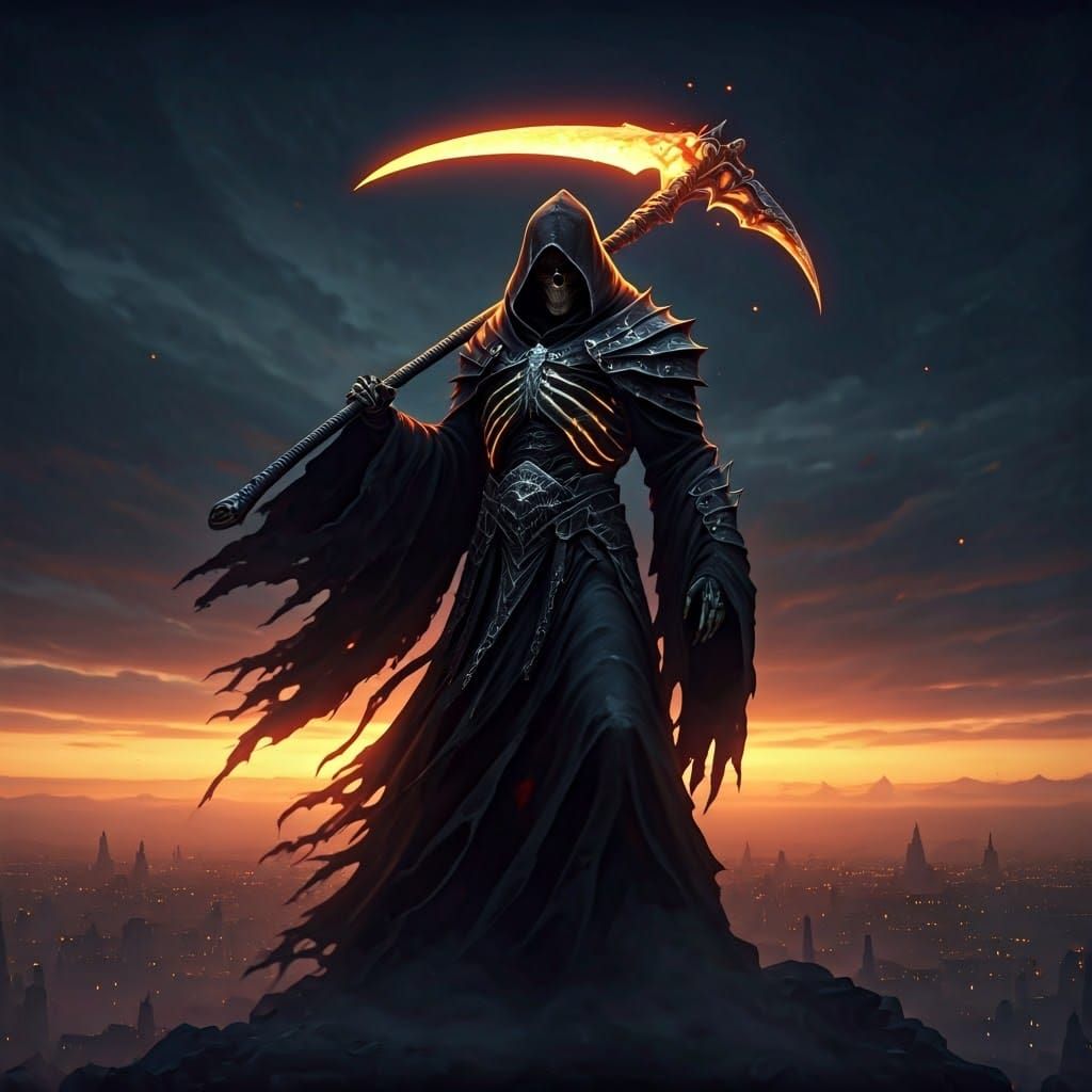 Grim Reaper Over Ruined Cityscape