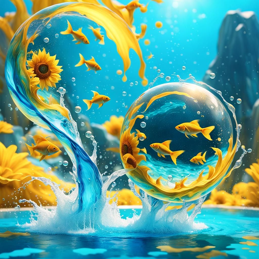 In the style of Rodger Dean create a record cover sleve in bright clear bold colours a fantasy scence with water going from shape to shape a...