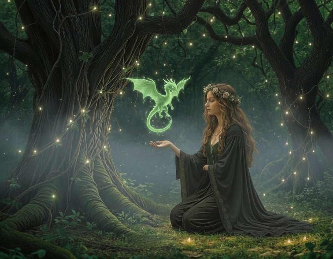 A Wiccan witch kneeling in an enchanted forest speaking to a forest fae