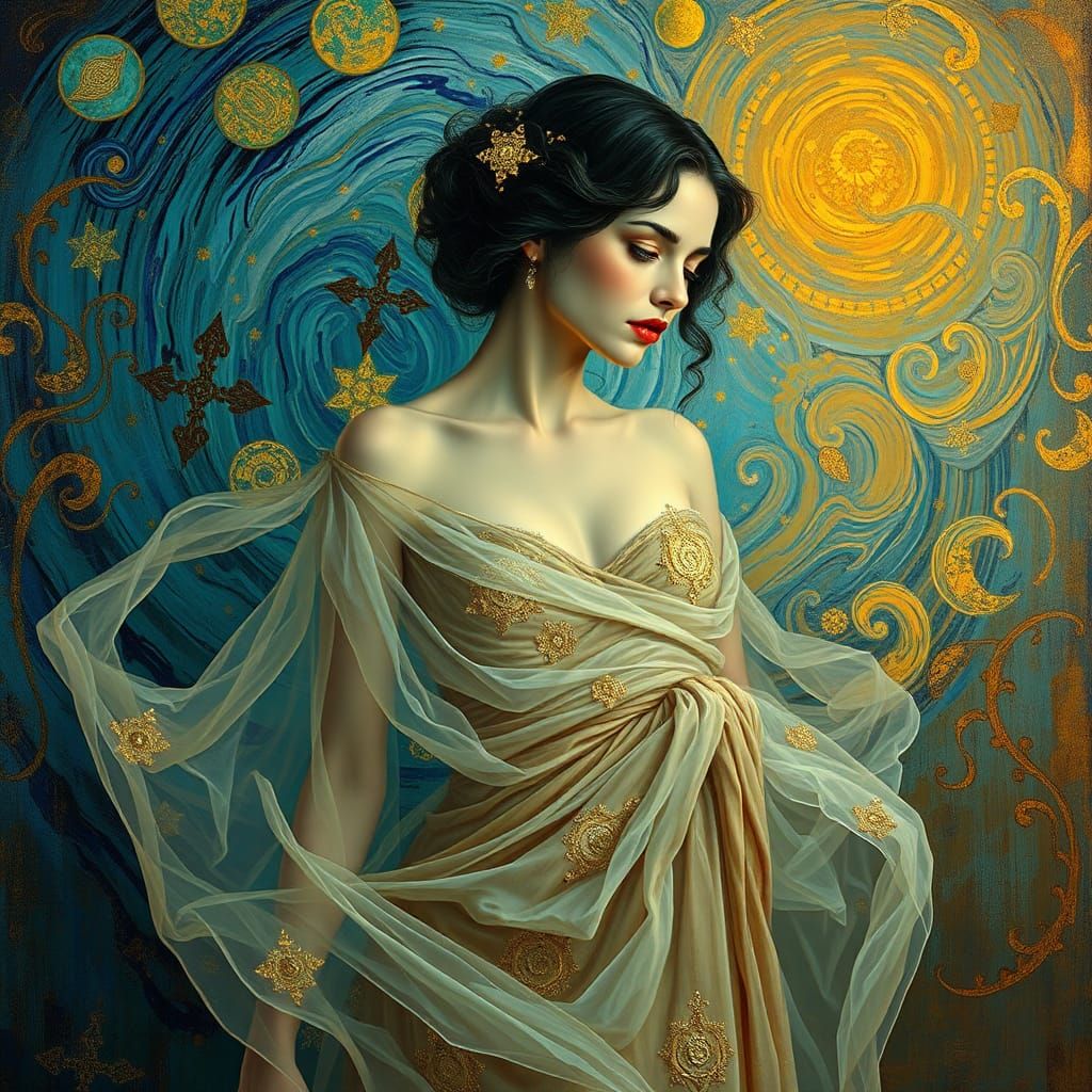 ghost portrait of a famous Actress, by the style of Van Gogh and Gustav Klimt  by @kamy