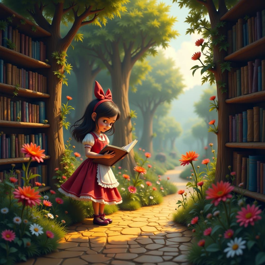in a library a little girl reads a book about <lora:Wonderland:1.0> which comes to life before her eyes
