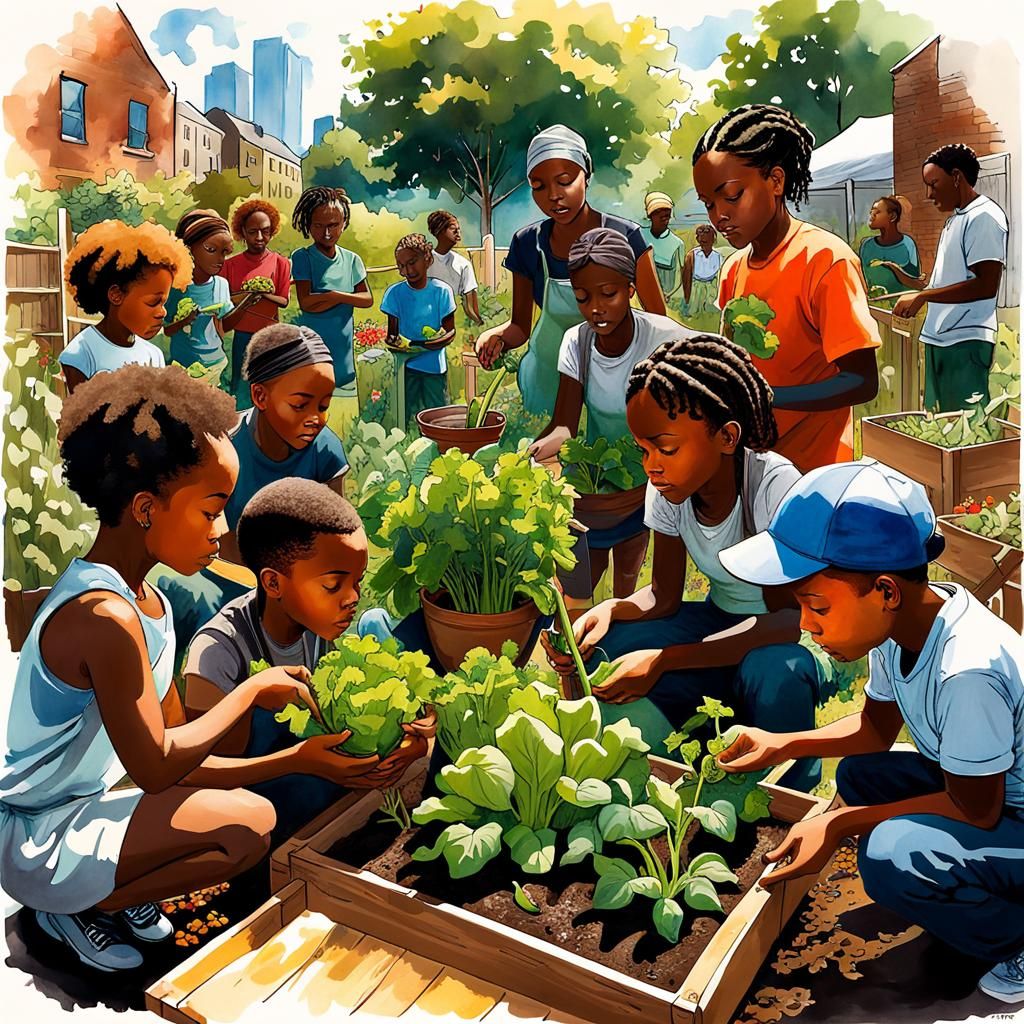 inner city urban community garden being worked on by a group