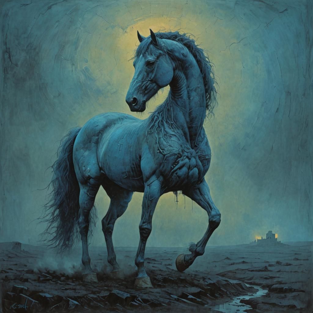 Blue Horse 1 in the style of Zdzisław Beksiński