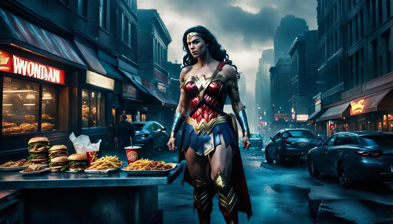wonderwoman: stopping by and eating fast foods after fightin...
