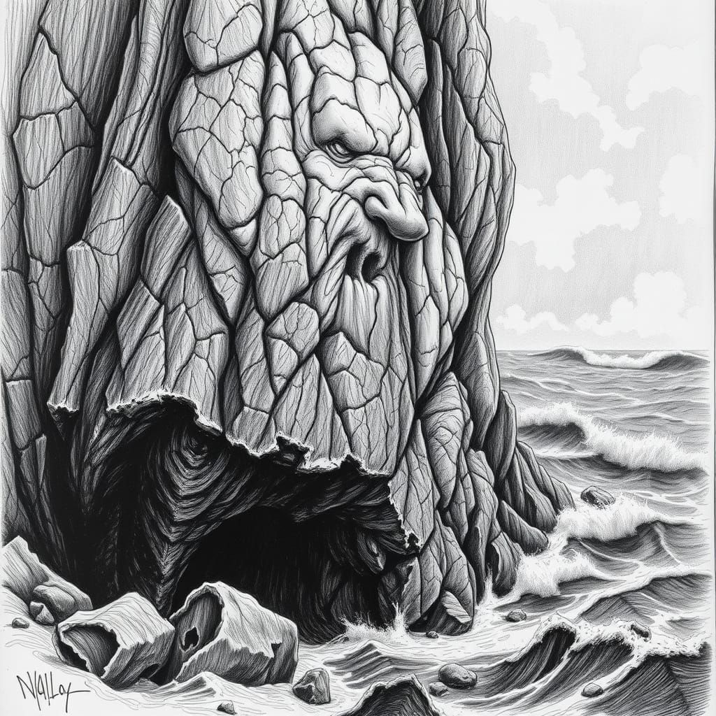 rockface above a cave in a seascape line drawing  by @Master Crowley