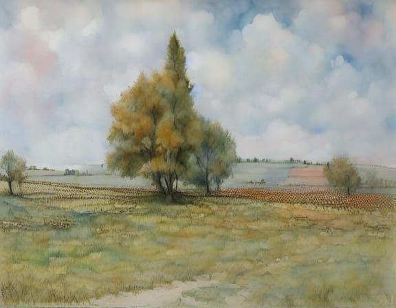 Whimsical Watercolor Village with Rolling Hills and Sunflowe...