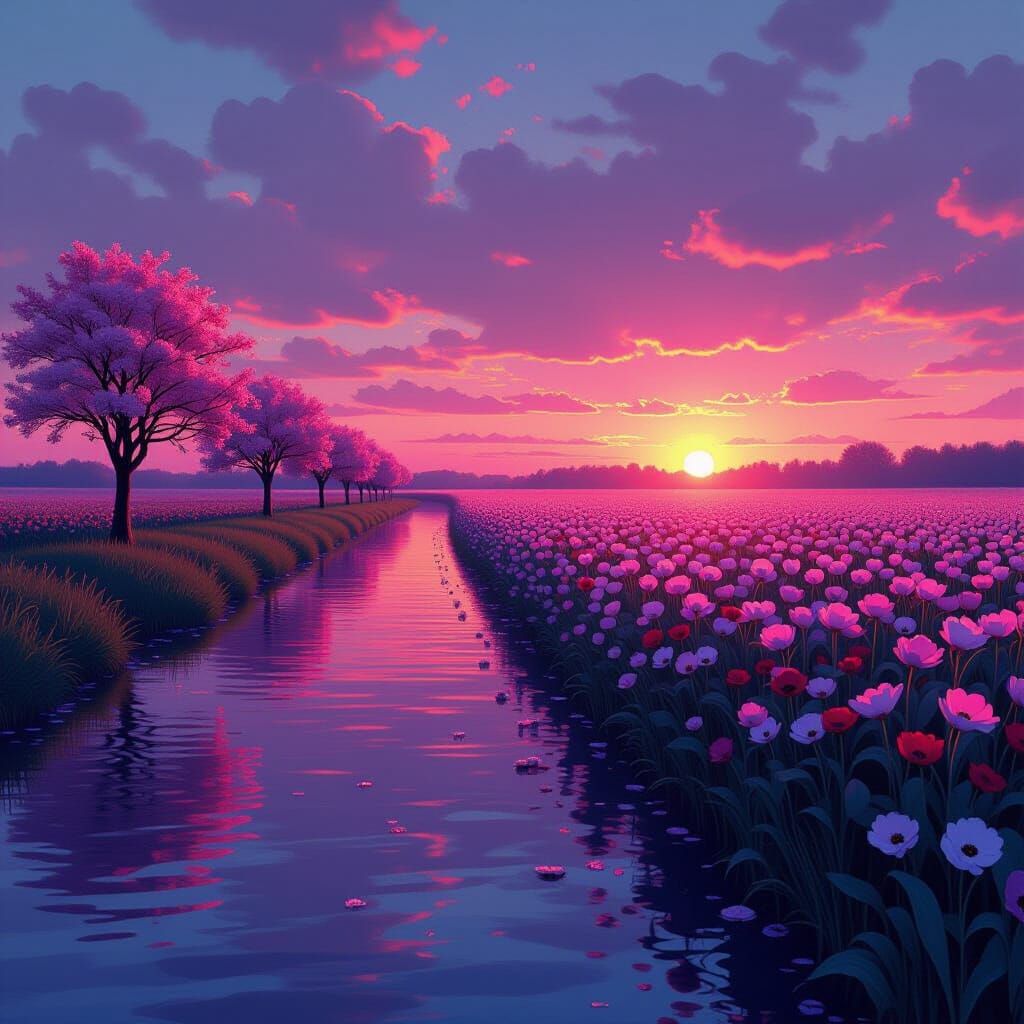שדות כותנה משתרעים מצד אחד של הנהר מצד שני עצי דובדבן בפריחתם משתקפים בנהר שיהיה תמונה עם עם שדה כלניות ענק  בגווני השקיעה קומפוזיציה עמוקה