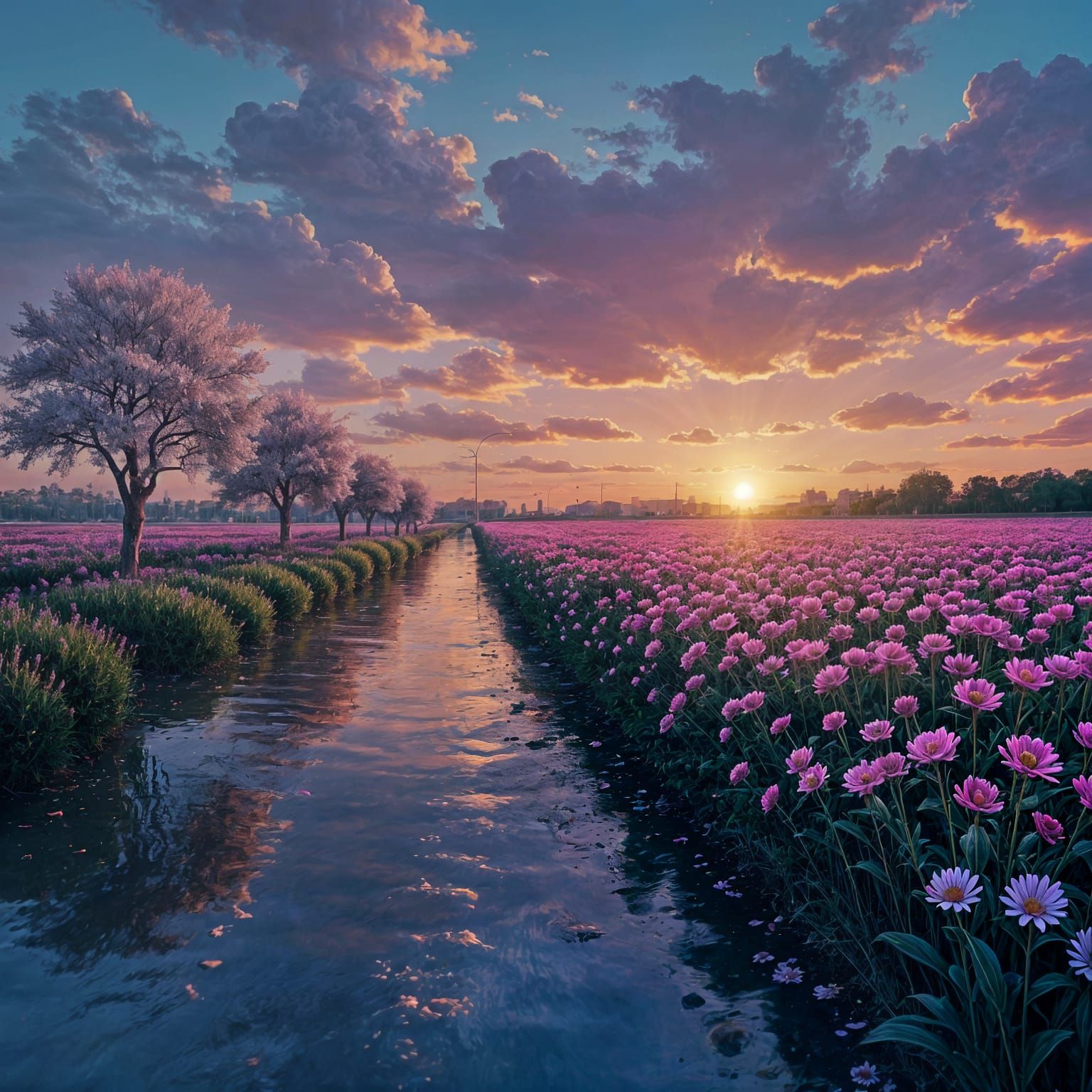 Cotton Fields and Cherry Blossoms Reflected in Sunset River