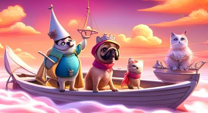 Dog and Cat dressed as Owls sail a boat with a Fairytale Pri...