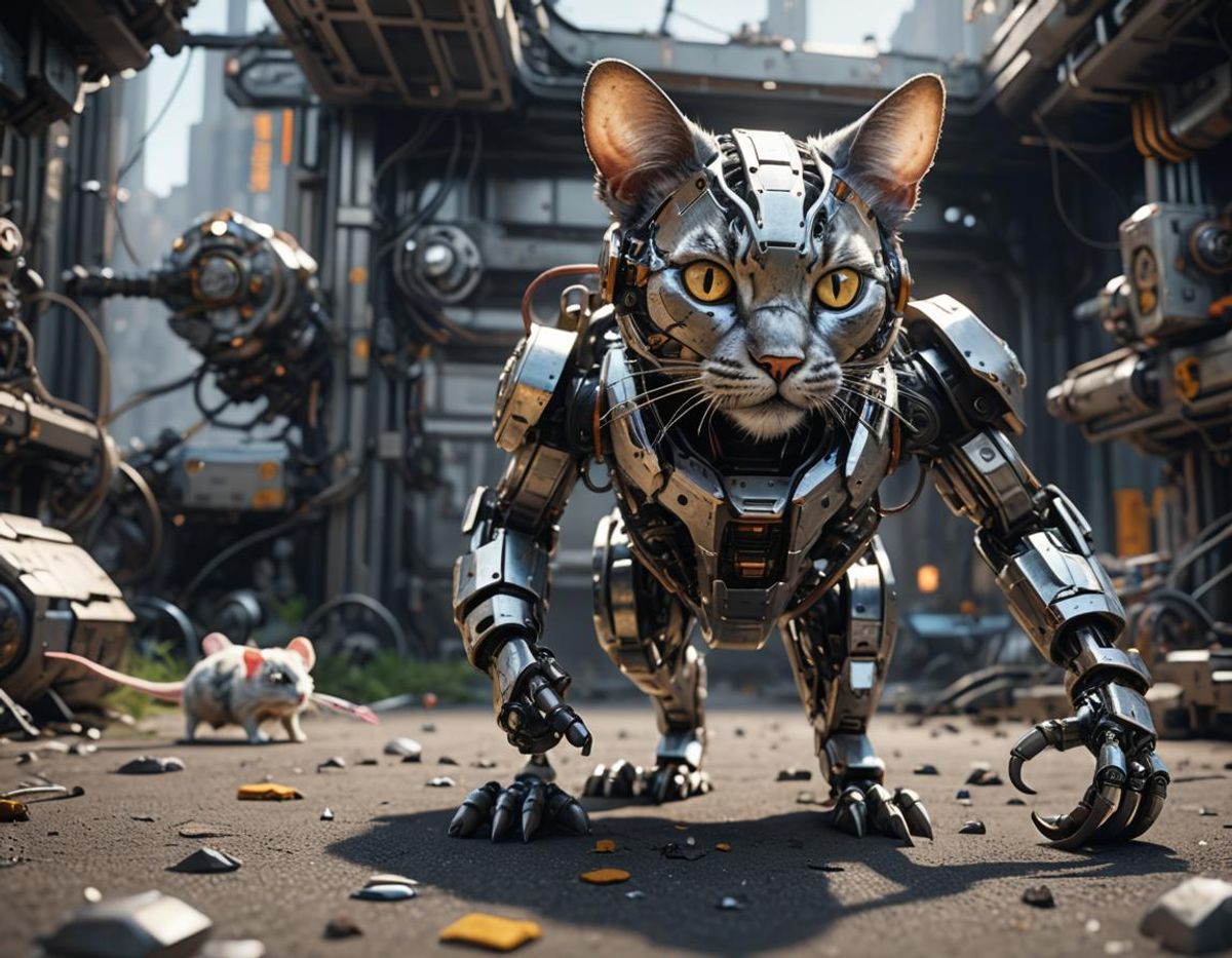 Robot Cat Hunting A Mouse - Ai Generated Artwork - Nightcafe Creator