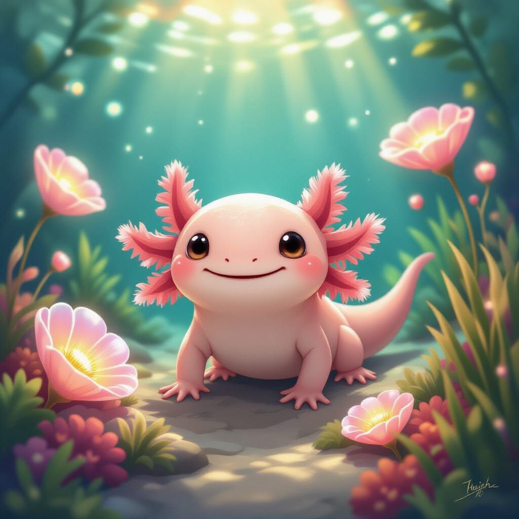 The baby pink axolotl blinks his eyes and grins.