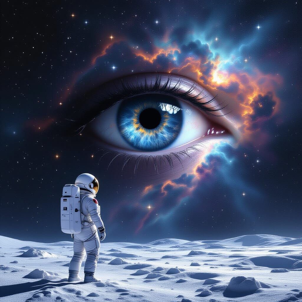 A lone astronaut adrift in the cosmic void, gazing at a nebula that resembles a colossal, weeping eye. Stars twinkle like scattered diamonds...