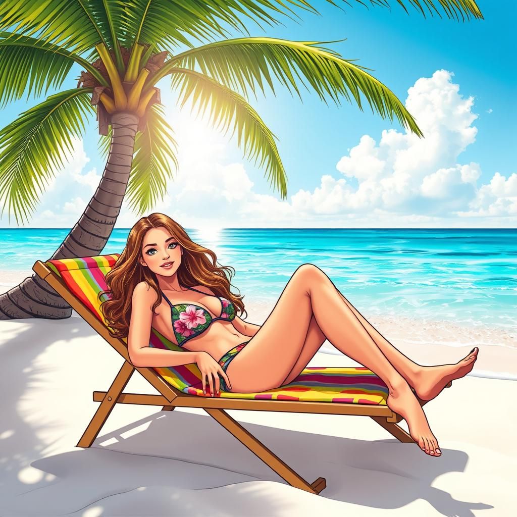 A very beautiful girl is sitting in a swimsuit on a sun loun...