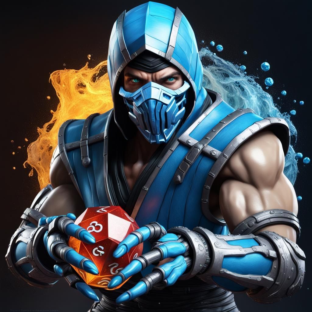  robotic Sub Zero from mortal kombat Holding  a d20