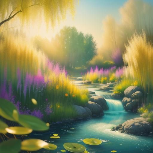 Woman Rides Iridescent Fan in Oil Painting Style