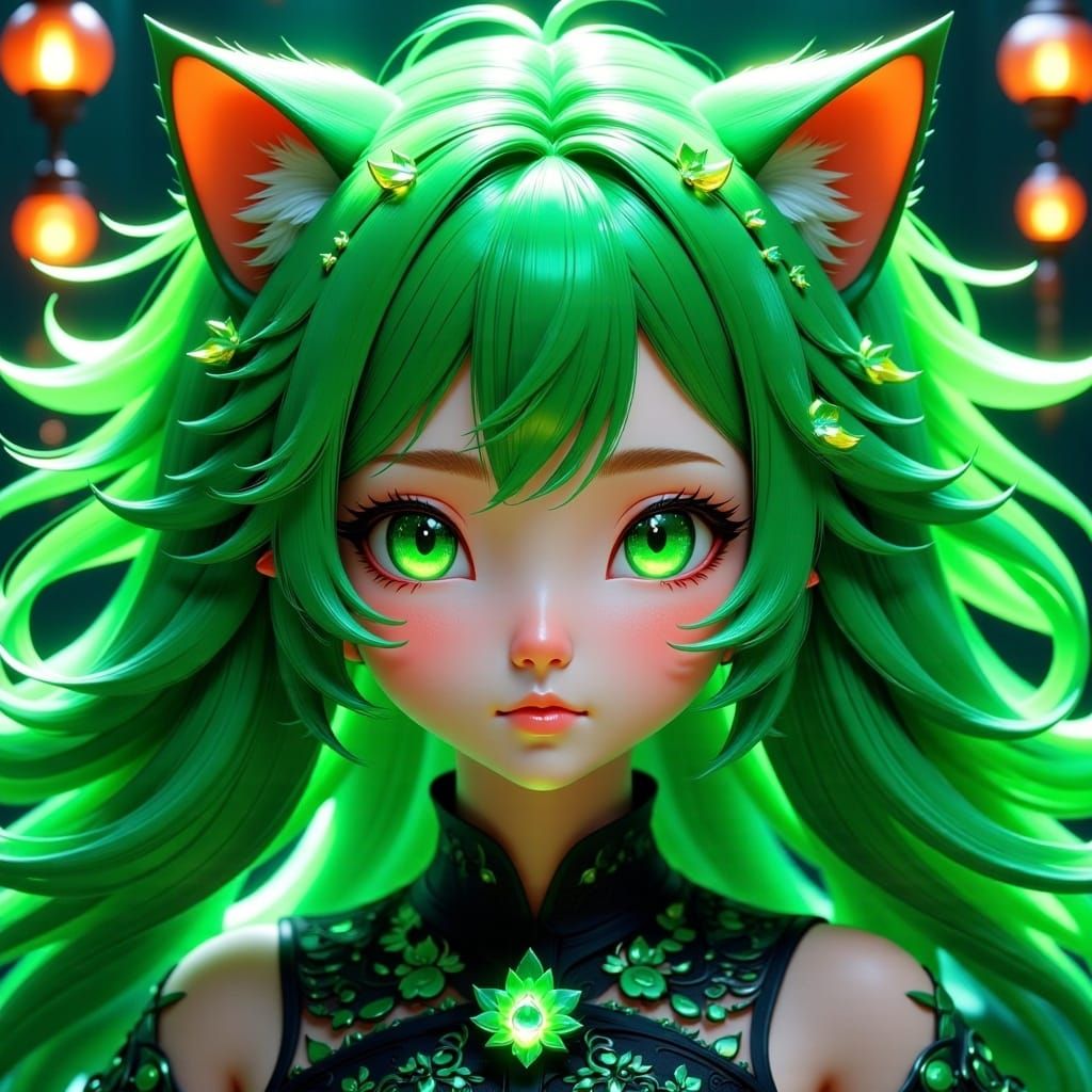 <lora:Anifutronica Fx:1.0>, cat girl, anthropomorphic cat girl, lush flora, green glowing flower eyes, long hair, detailed head and shoulder...