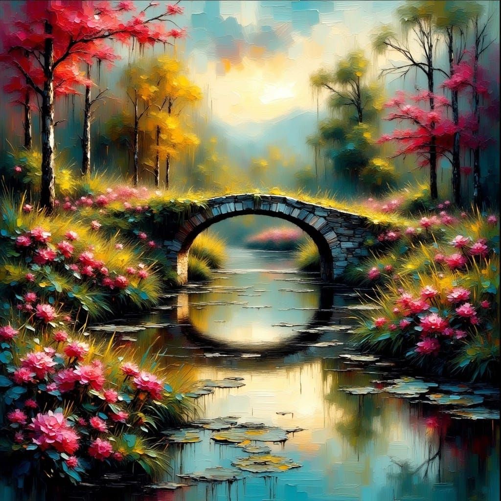 Double exposure.  Ethereal. Bridge over troubled water in spring, colorful, epic, museum quality, lush greenery, flowers, oil painting style...