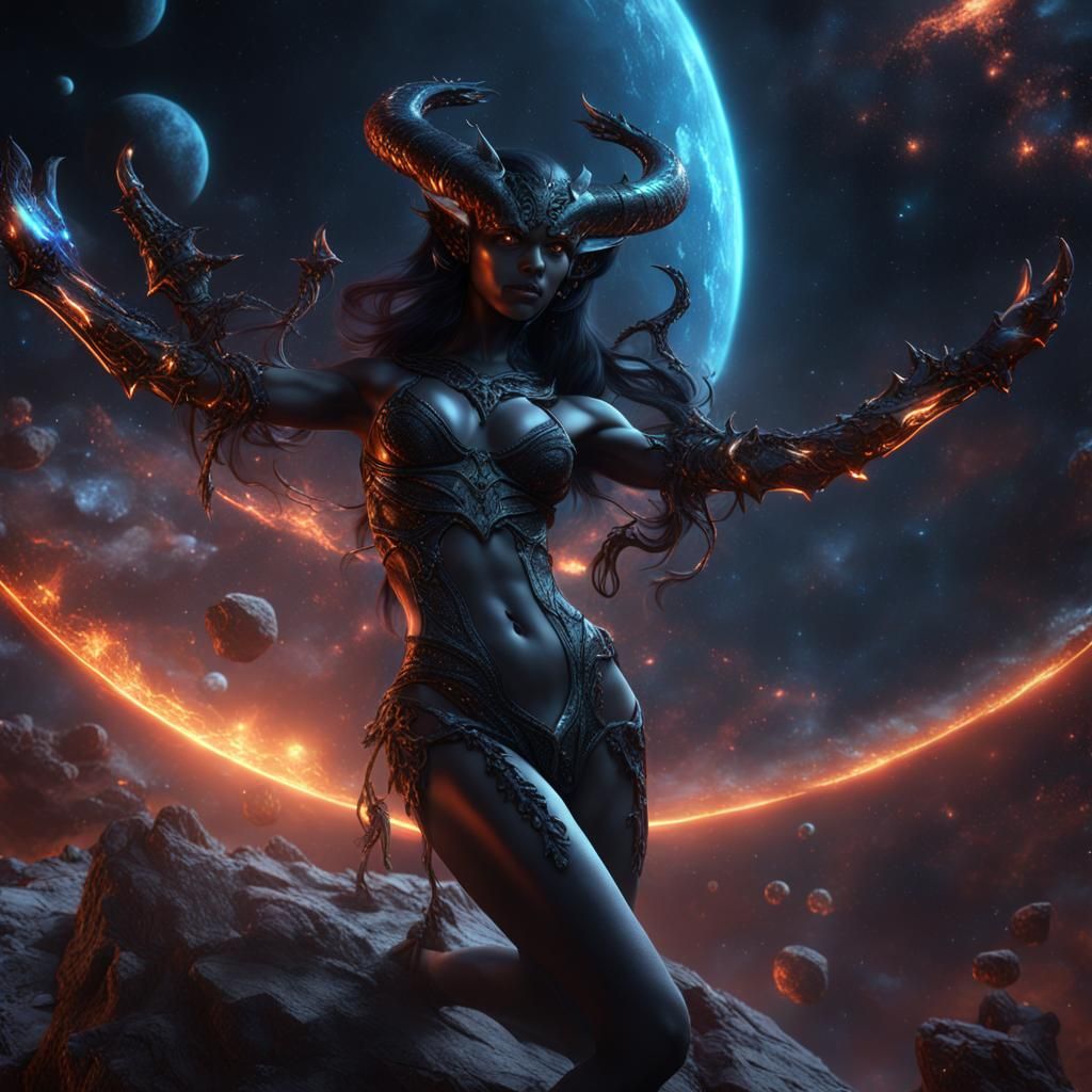 Beautiful demoness in black string bikini in deep space