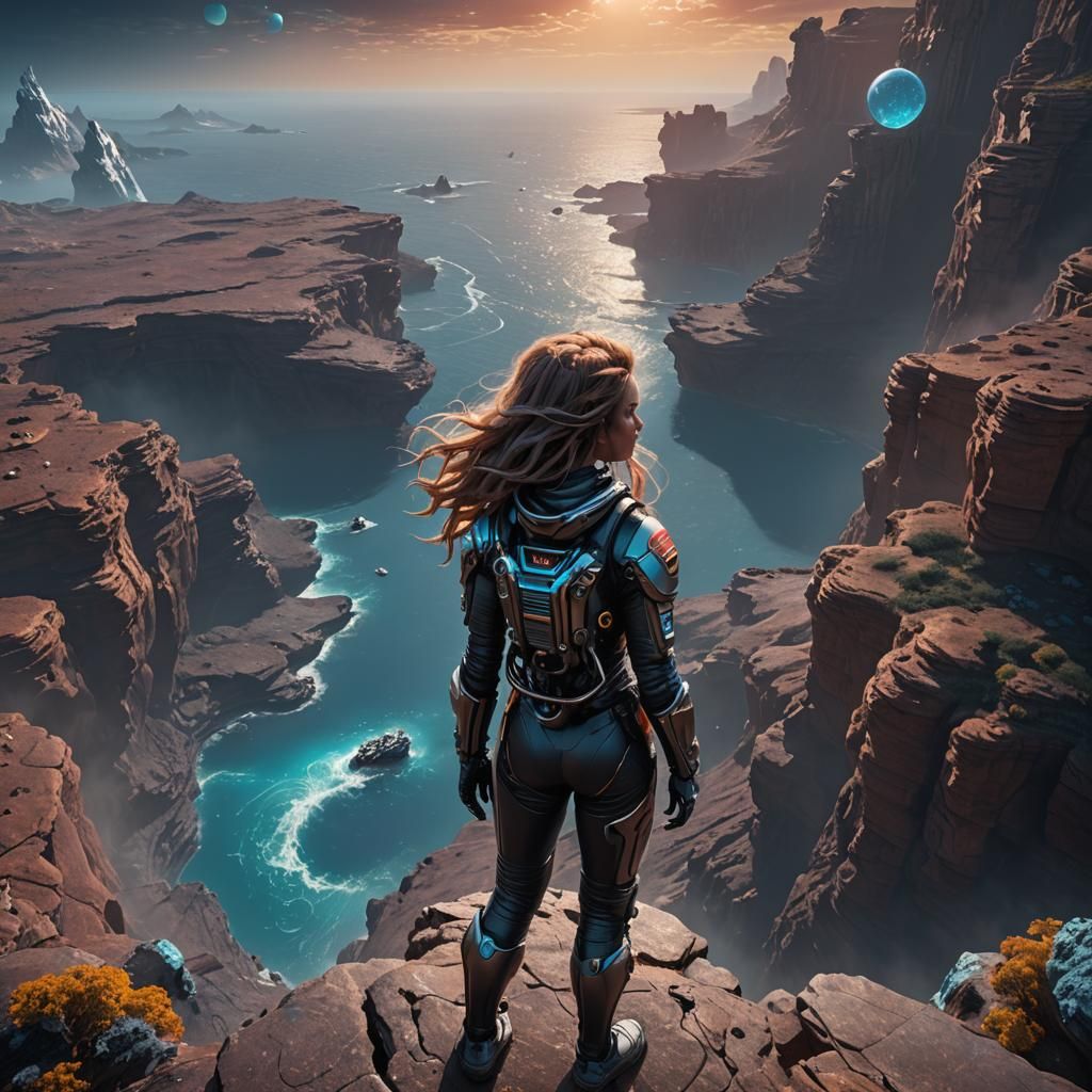 A girl with flowing hair stands on the edge of a cliff of the planet Neptune, she took off the mask of a space suit to breathe air