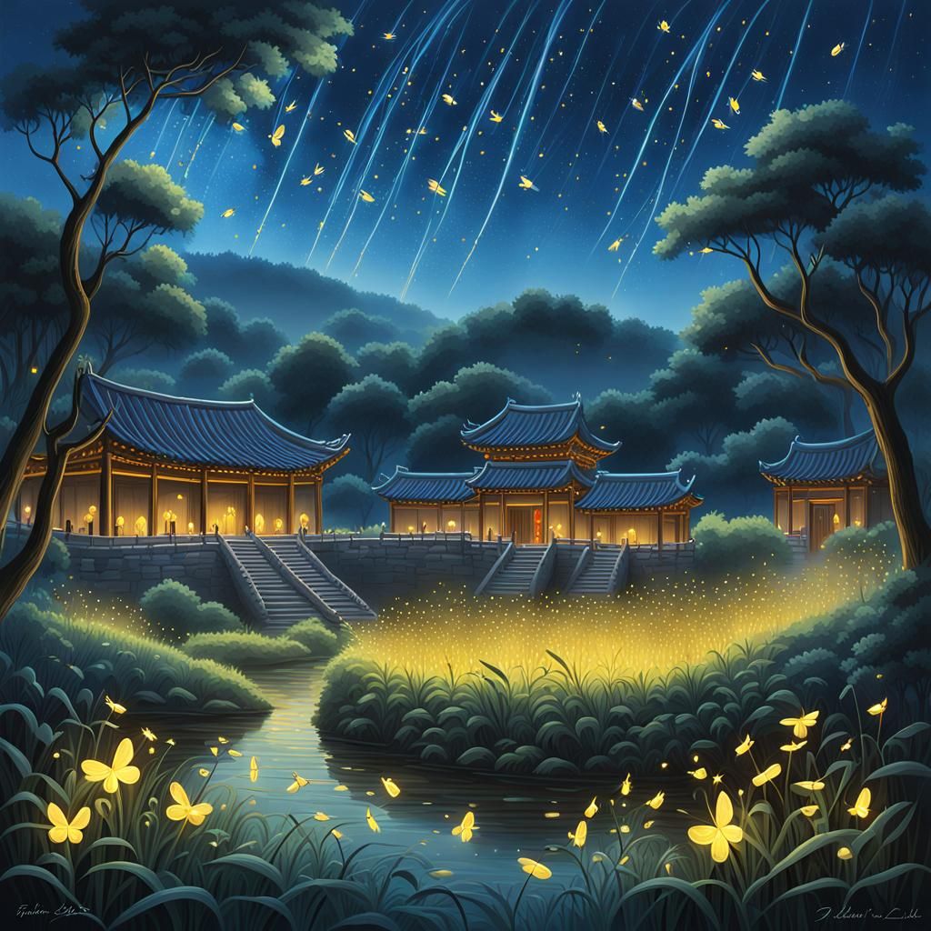 Fireflies and Stars Interact in Neo-Impressionist Style