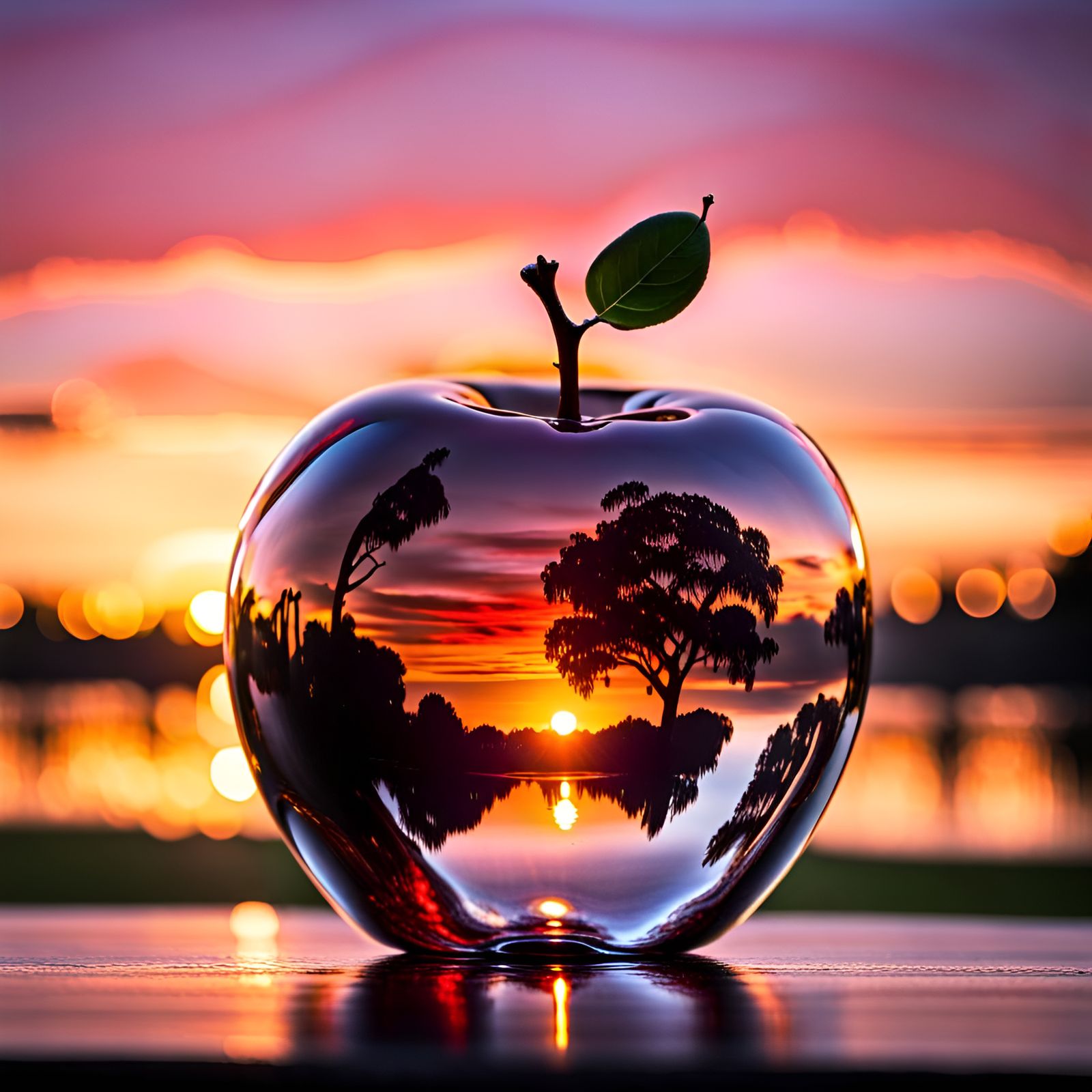 A glass apple with a beautiful sunset reflecting off of it