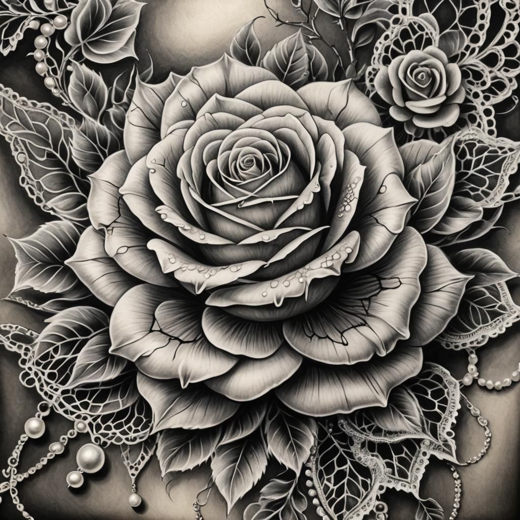 Rose, pearls and lace, tattoo design