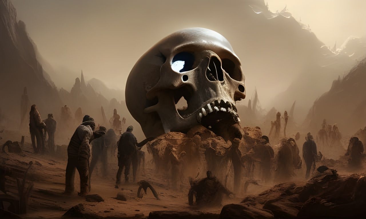archeologists unearthing a giant human skull from the dirt   by @Rob Mann