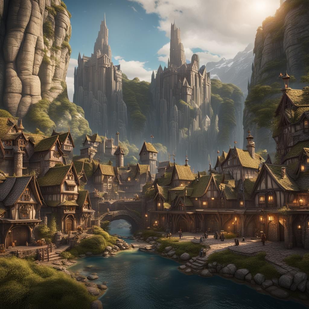 Middle earth Town among large cliffs busy with life