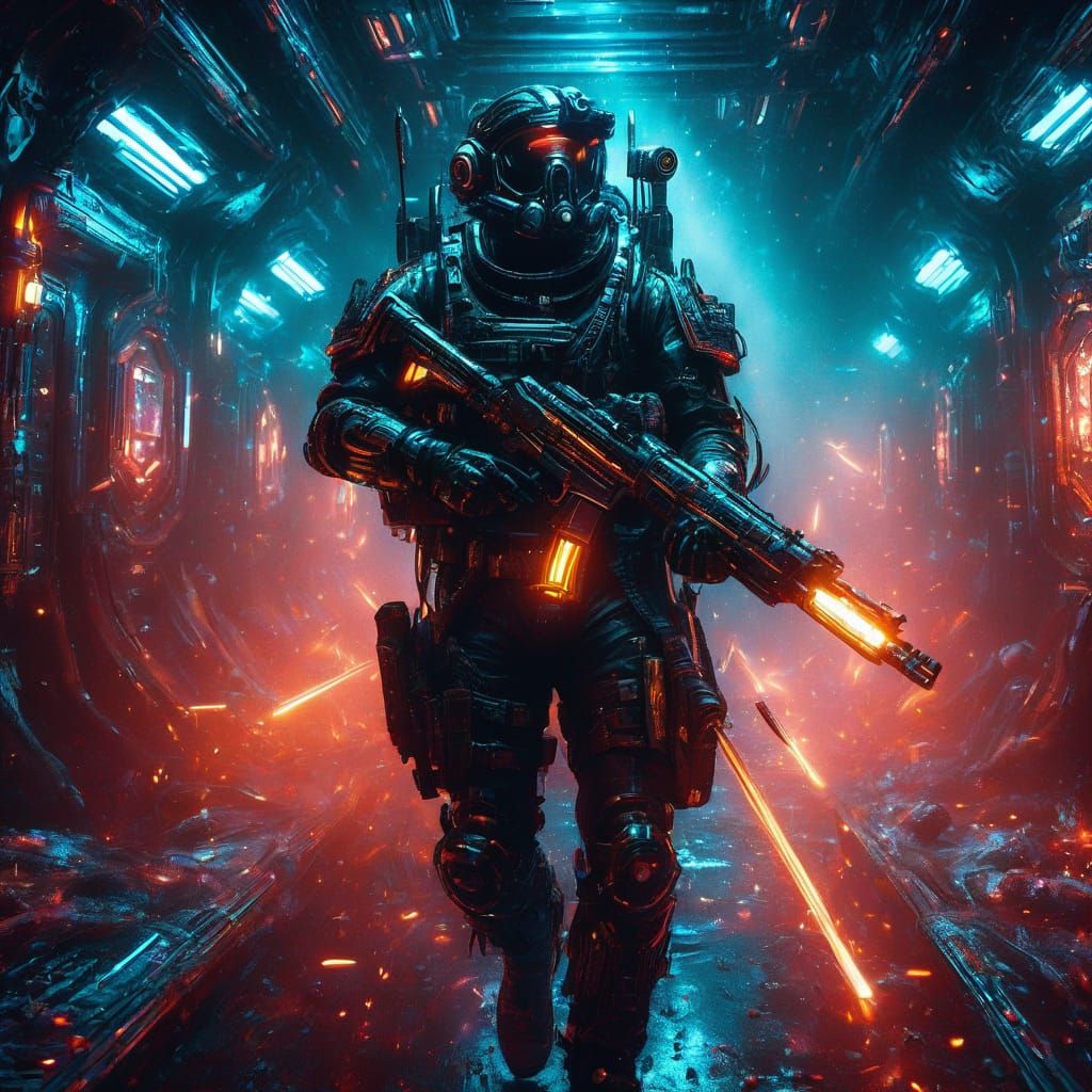 Sci-fi security officer navigating through the bloodied corridors of a space station (Uploaded)