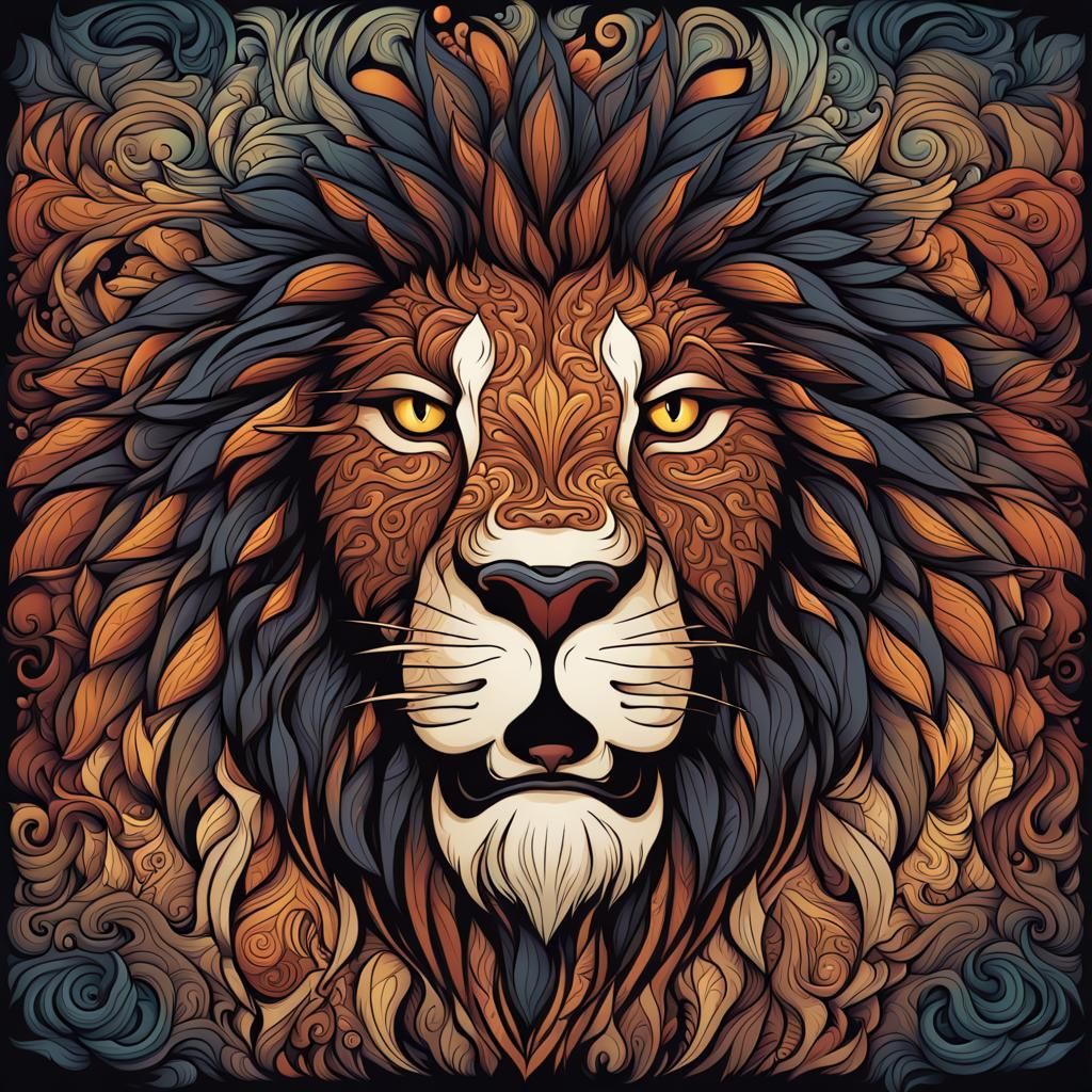 fractal art lion head roaring cartoon tshirt design graphic, vector, contour, no mockup, retro colors, ...  by @undefined