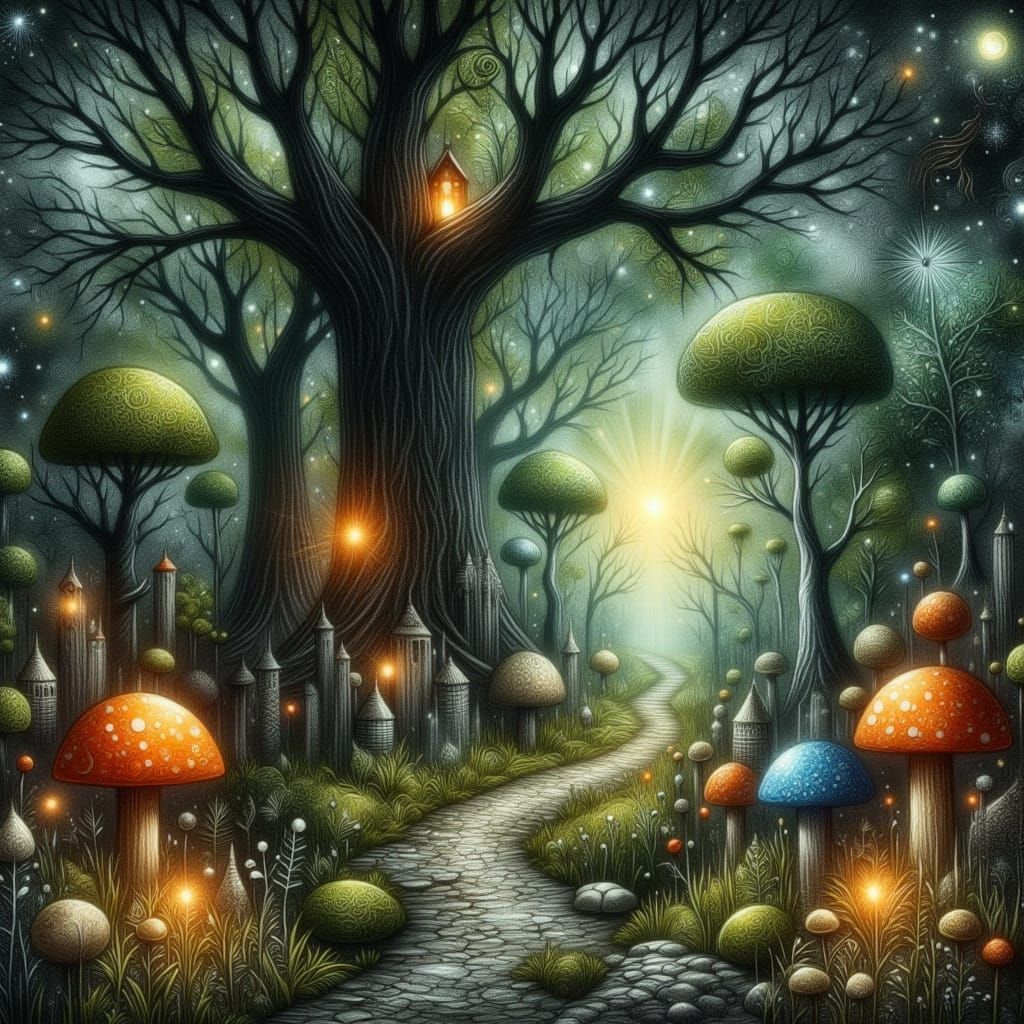Enchanted Tree Village with Fungal Lanterns