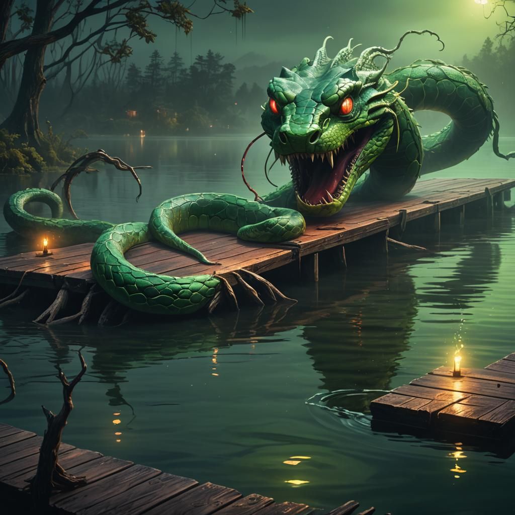 scary green snake shaped water monster