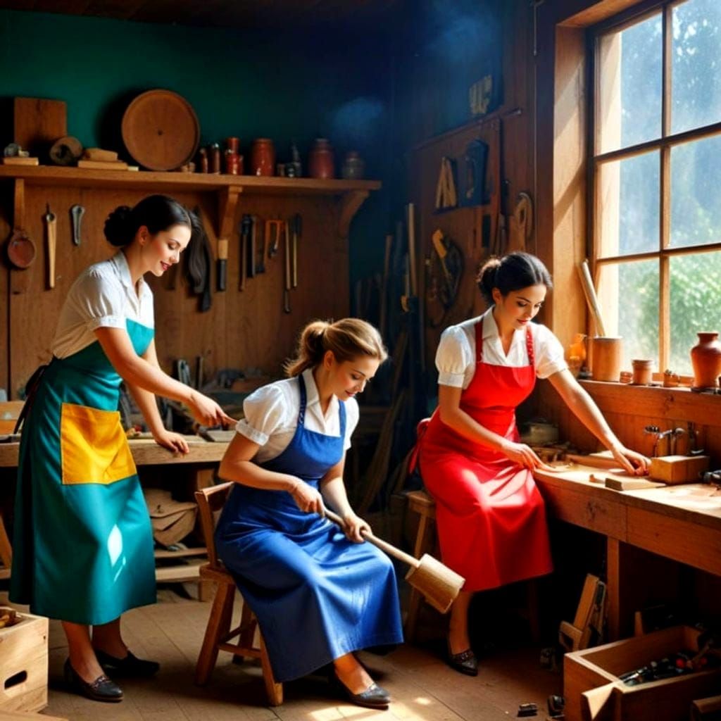 Elegant Ladies in Carpentry Shop: Whimsical Woodworking